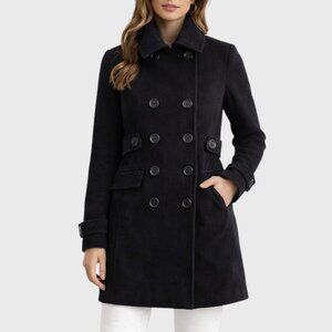 Club Monaco Women Peacoat XS Black Wool Blend Double Breasted Minimalist Chic